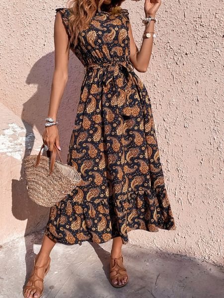 

floral & paisley print ruffle trim belted dress i0ie#, Black;gray