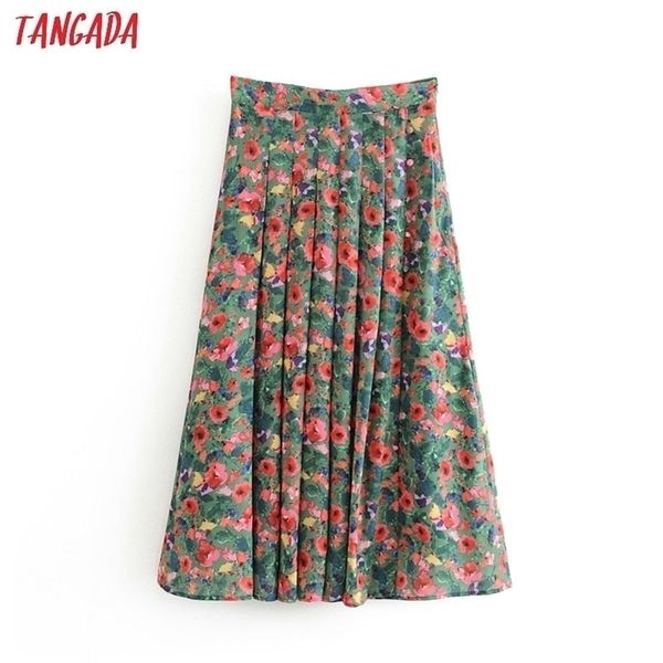 

tangada women french style floral midi skirt faldas mujer vintage zipper office ladies elegant chic mid calf skirts 1t10 210319, Black