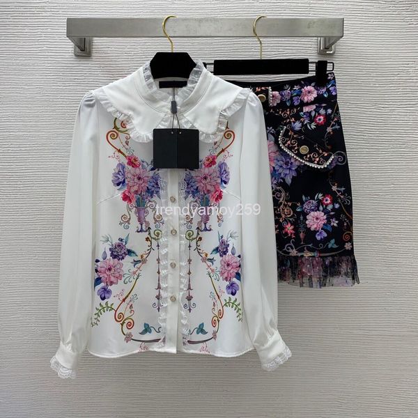 

women's two piece pants fashion printed lace flounce collar temperament long sleeve with wave dot mesh stitching high waist skirt set, White