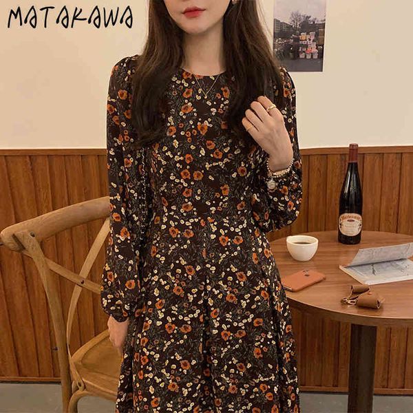 

chic retro round neck vestido feminino pleated waist design robe korean puff sleeve print floral women dress 210506, Black;gray