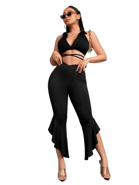 

sxy high waist asymmetrical ruffle hem pants u4sn#, Black;white