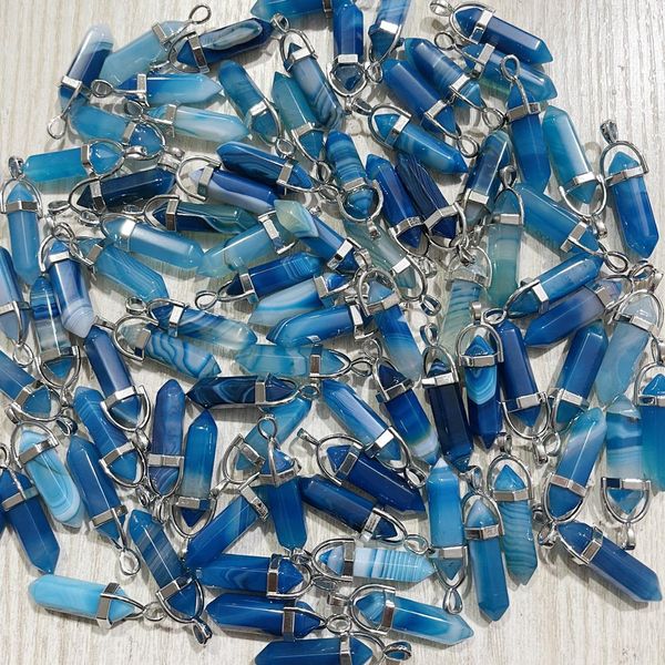 

natural stone blue stripe agate alloy crystal trendy pendants for making jewelry charm point pendant, Silver