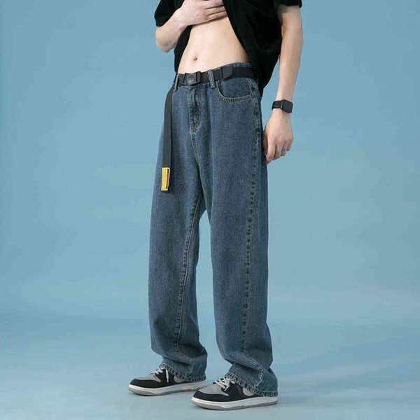 

4 color belt baggy jeans men fashion casual wide leg jeans men streetwear loose hip hop straight denim pants mens trousers s-2xl t220726, Blue