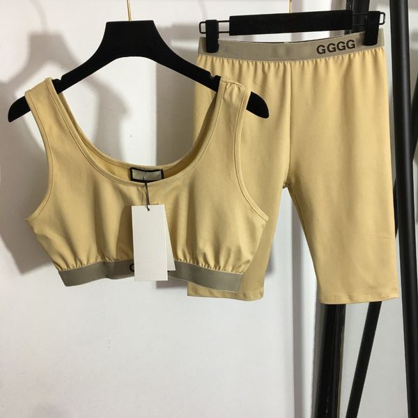 

luxury designer new cotton casual yoga exercise suit letter webbed waistband halter vest stretch slimming five-minute shorts khaki black wom, White