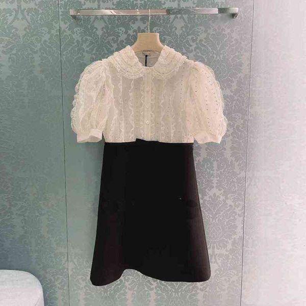 

spring lace beaded bubble sleeve dress with diamond studded baby collar skirt celebrity temperament, Black