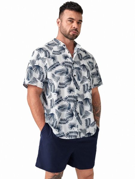 

extended sizes men tropical print shirt & shorts r5ze#, Gray