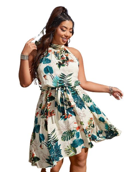 

plus tropical print belted halter dress p8gp#, Black