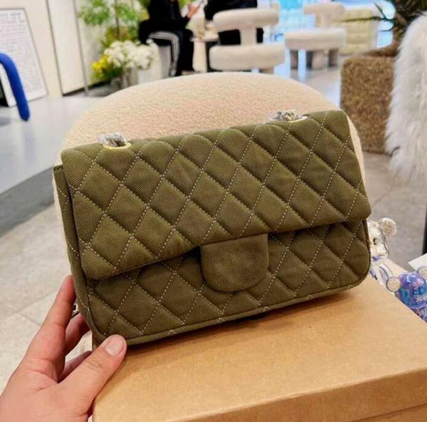 

tz women fashion flap designer bags olive green denim cowboy handbag designers gold-tone metal hardware chain crossbody bag diamond quilting