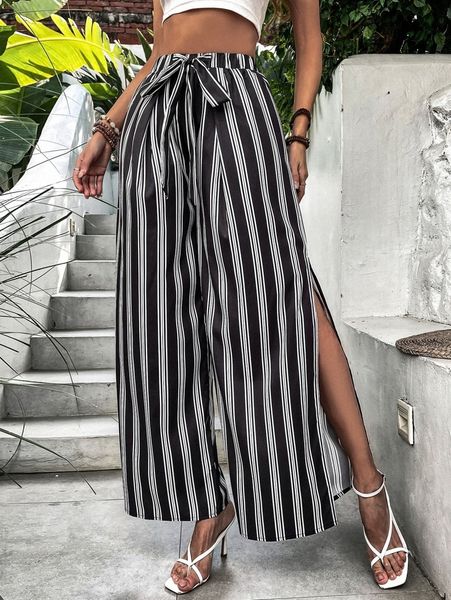 

striped print tie front split thigh wide leg pants o0ht#, Black;white
