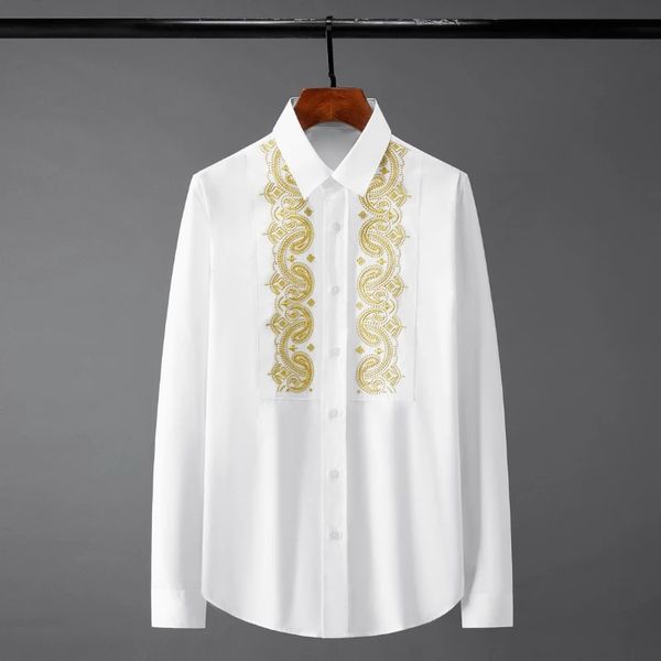 Royal Gold Stickerei männer Shirts Hohe Qualität Langarm Weiß Männlichen Kleid Shirts Smart Casual Einfache Lose Mann