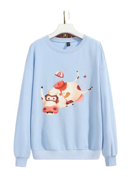 

x paula oliosi cartoon graphic drop shoulder pullover 47bx#, Black