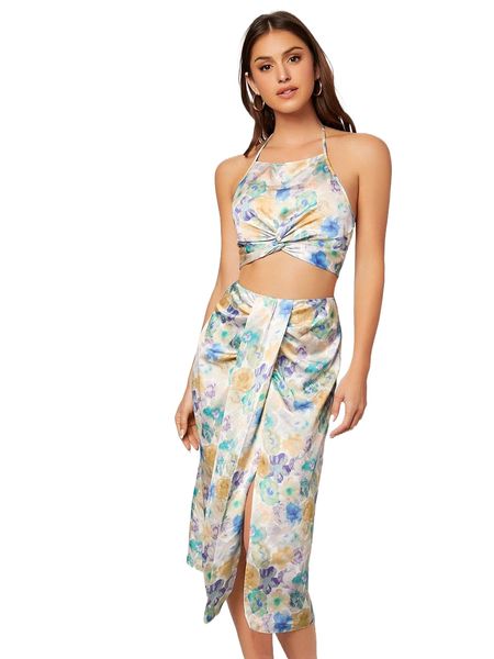 

floral print twist tie backless crop halter & split thigh skirt 34tu#, White