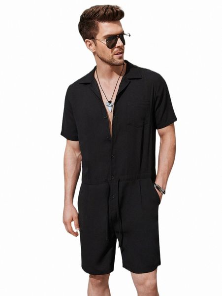 

men pocket patched drawstring waist romper 23ca#, Gray