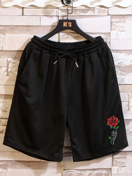 

romwe guys floral & hand print drawstring shorts d5bq#, White;black