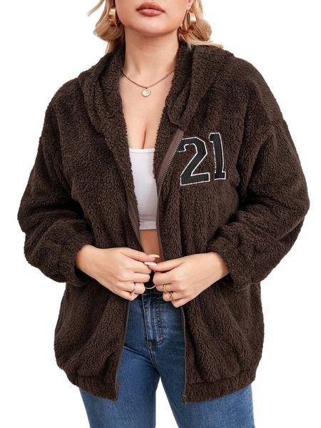 

plus letter embroidery drop shoulder zipper hooded teddy jacket 770m#, Black