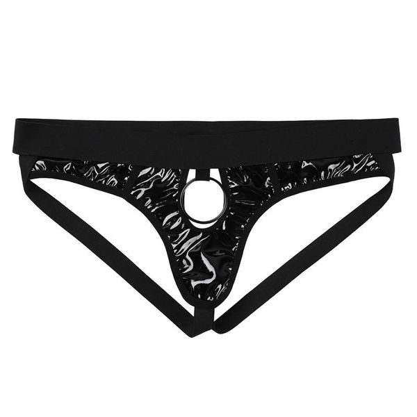 

men's swimwear mens hollow out faux leather underwear open hole metal o-ring underpants male bulow rise panty jockstrap bikini briefsme