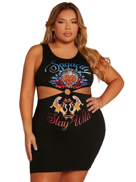 

sxy plus letter & tiger print cut out bodycon dress a2nt#, Black