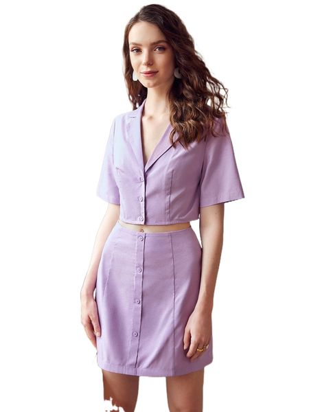 

solid lapel neck blouse & fake button skirt 0924#, White