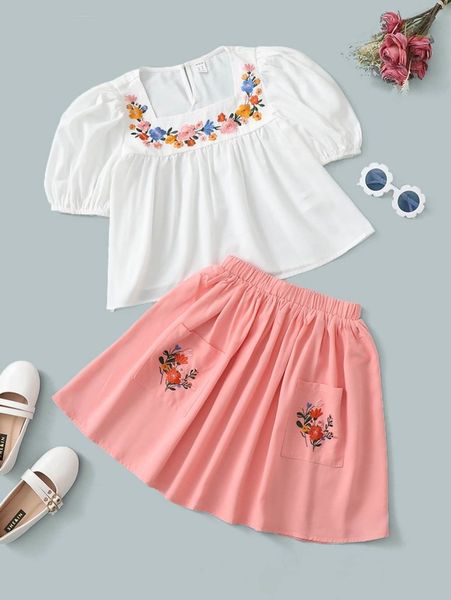 

girls floral embroidery puff sleeve & skirt she, White