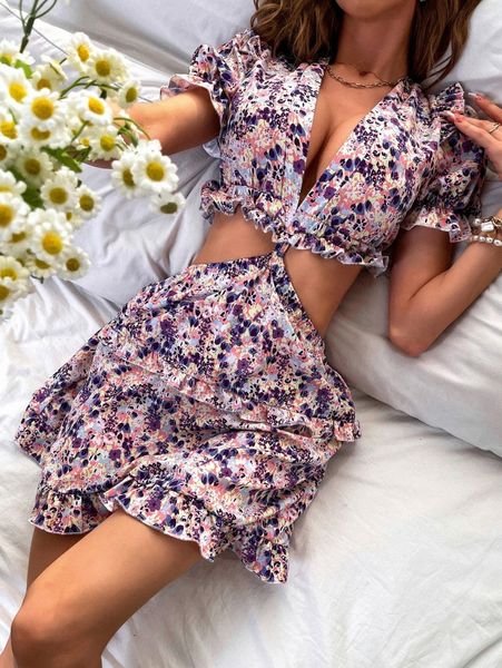 

random ditsy floral print cut out puff sleeve ruffle trim dress c98g#, Black;gray