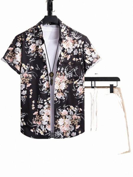 

men floral print pocket patched shirt & drawstring waist shorts without tee 02p0#, Gray