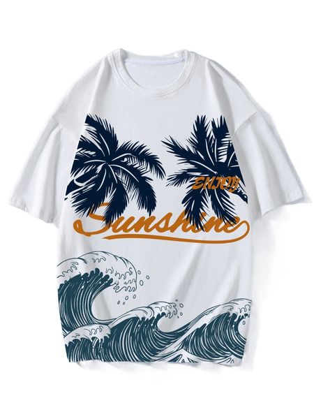 

men wave & palm tree print tee y7ix#, White;black