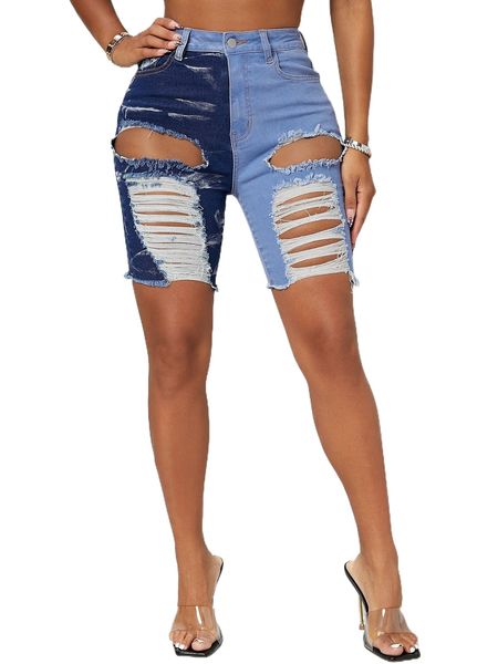 

sxy two tone ripped raw hem denim shorts z9jn#, White;black