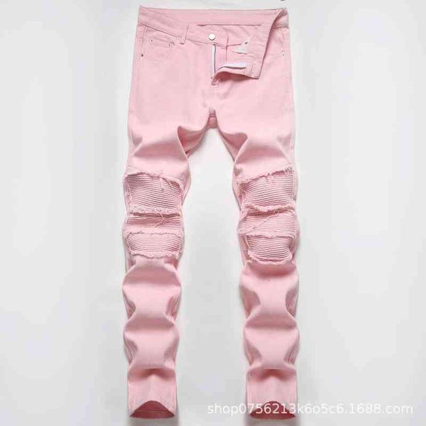 

men's jeans pierced pink pasted jeans spring and summer new leisure high street straight men's long pants, Blue