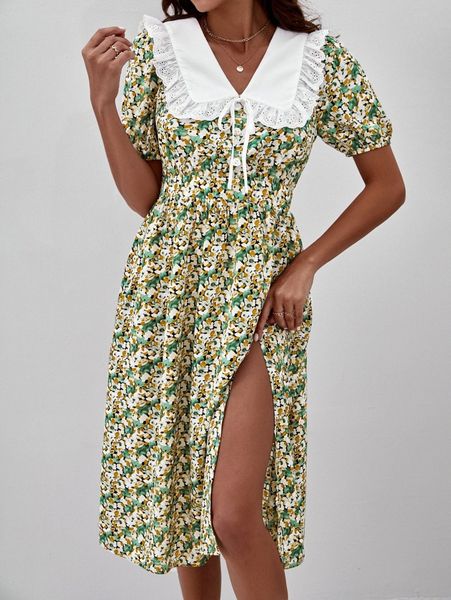 

floral print split thigh tie front dress c5sa#, Black;gray