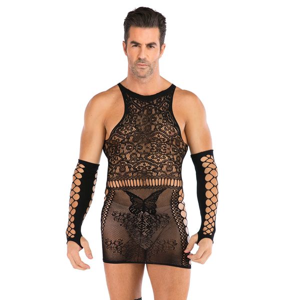 

underwear men' oversized hip wrap skirt one-piece net dress, Red;black