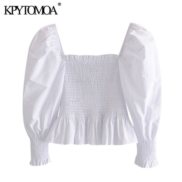 

kpytomoa women sweet fashion elastic smocked cropped blouses vintage lantern sleeve ruffled hem female shirts chic 210226, Black;gray