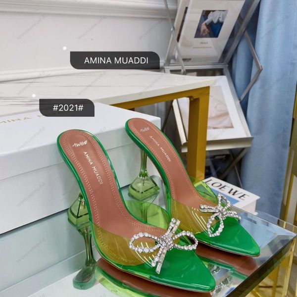 Lüks Tasarımcı Amina Muaddi sandalet Yeni şeffaf Begüm Cam Pvc Kristal Şeffaf Arkası Açık Topuk Sandalet Topuk Pompaları 100mm kristal süslemeli terlik yeşil ayakkabı