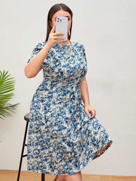 

plus allover print zipper back puff sleeve dress s57w#, Black