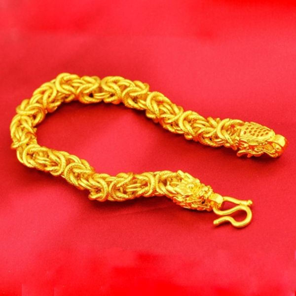 Catena del braccialetto maschile 1 cm largo 1 cm solido 18k giallo oro pieno hip hop hip hop testa a catena da polso pesante collegamento uomo gioielli 21 cm di lunghezza