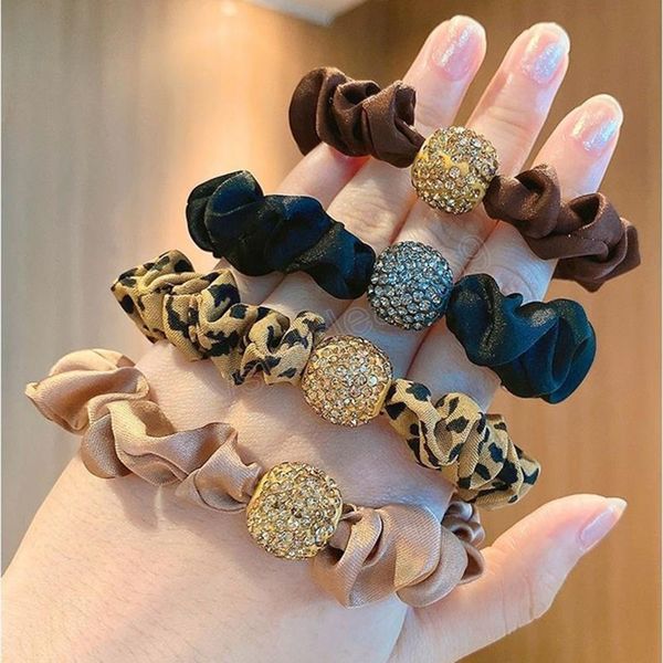 

fashion summer rhinestone ball leopard scrunchie women hair accessories simple elegant elastic rubber band ponytail holder, Slivery;white