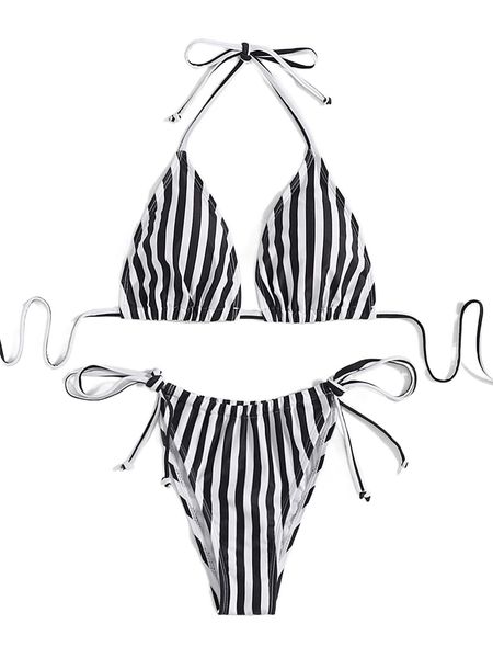 

striped triangle halter bikini swimsuit b9t3#, White;black