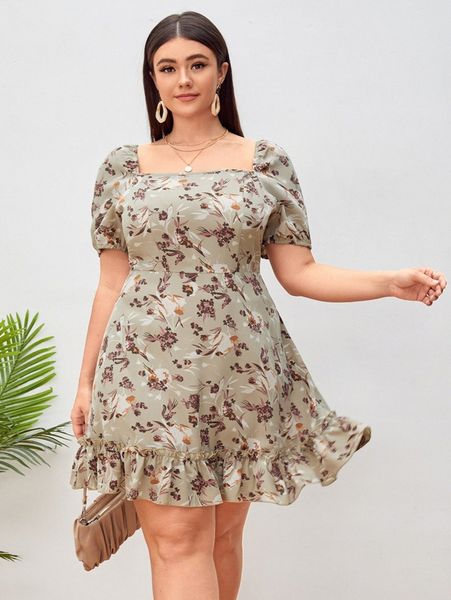 

plus floral print square neck puff sleeve ruffle hem dress p30b#, Black