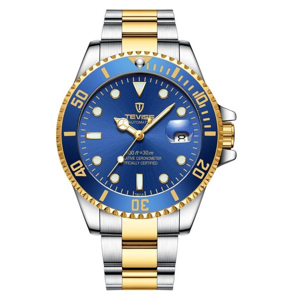 

watches luxury tevise quartz watch calendar waterproof business stainless steel relojo mascuino, Slivery;black