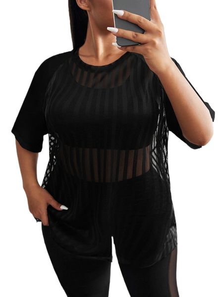 

plus breathable mesh panel raglan sleeve sports x6ey#, Black