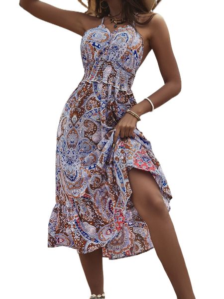 

floral & paisley print shirred crisscross backless ruffle hem dress c8lz#, Black;gray