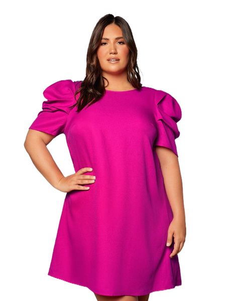 

plus puff sleeve solid backless dress 36rh#, Black