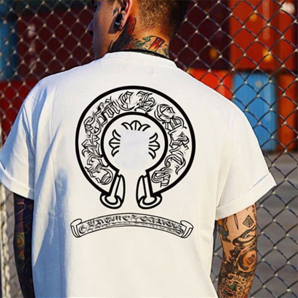 

ch fashion men's t shirt designer classic summer brand neck short sleeve sanskrit letter pullover t-shirt horseshoe cross pattern tees, White;black