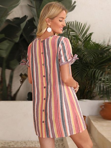 

buttoned back knot cuff striped dress z7eu#, Black;gray