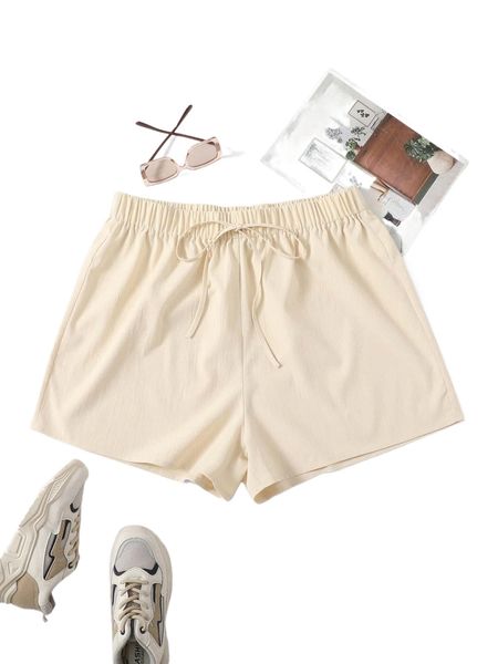 

plus solid tie front wide leg shorts k1oz#, Black