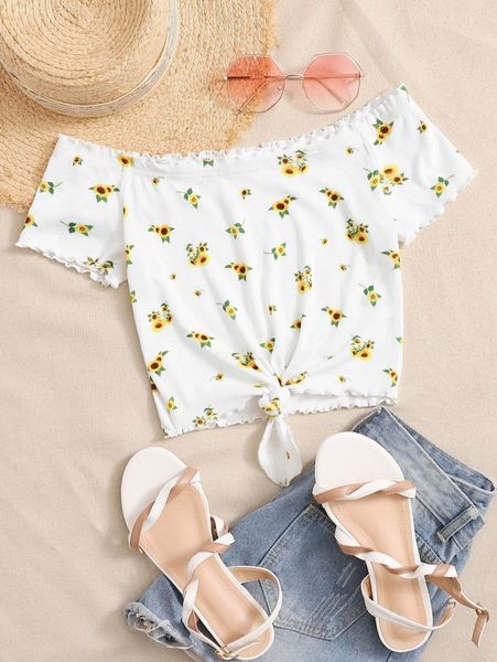 

lettuce trim tie hem sunflower print bardot i2nd#, White