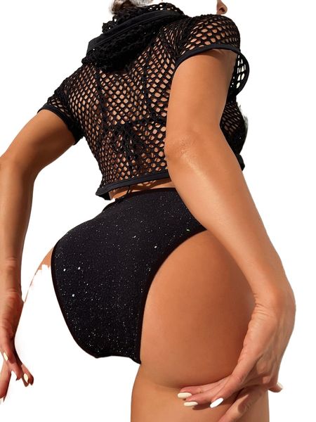 

sparkly glitter triangle high cut bikini swimsuit with cover up e85c#, White;black