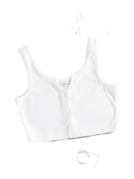 

ribbed button front crop tank 55k3#, White