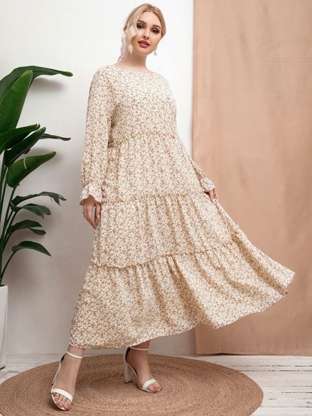 

plus ditsy floral flounce sleeve ruffle hem dress w2wb#, Black