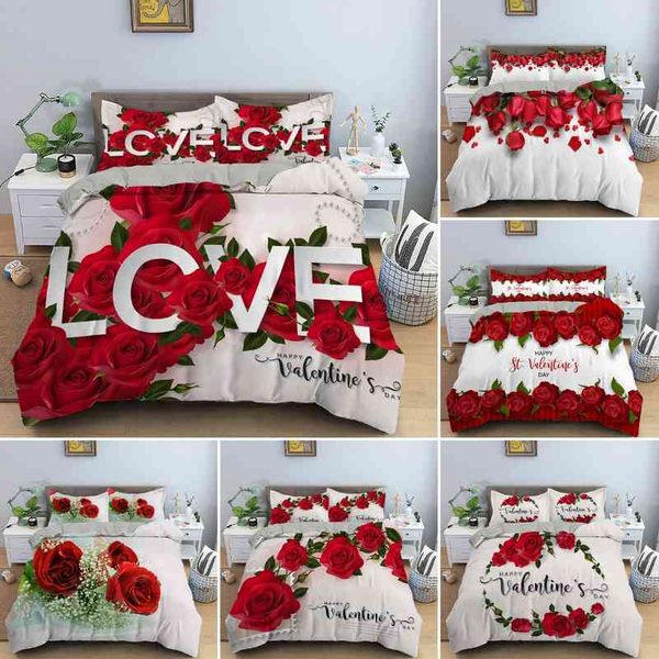 Kırmızı gül kral kraliçe nevresim romantik çiçek yatak seti Sevgililer Günü Hediye Yorgan Çiftleri Çiçek Yumuşak Yorgan