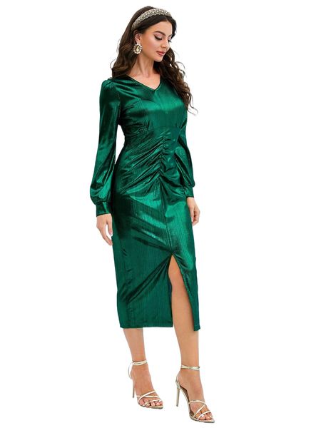 

ruched puff sleeve split thigh metallic dress 57qu#, Black;gray